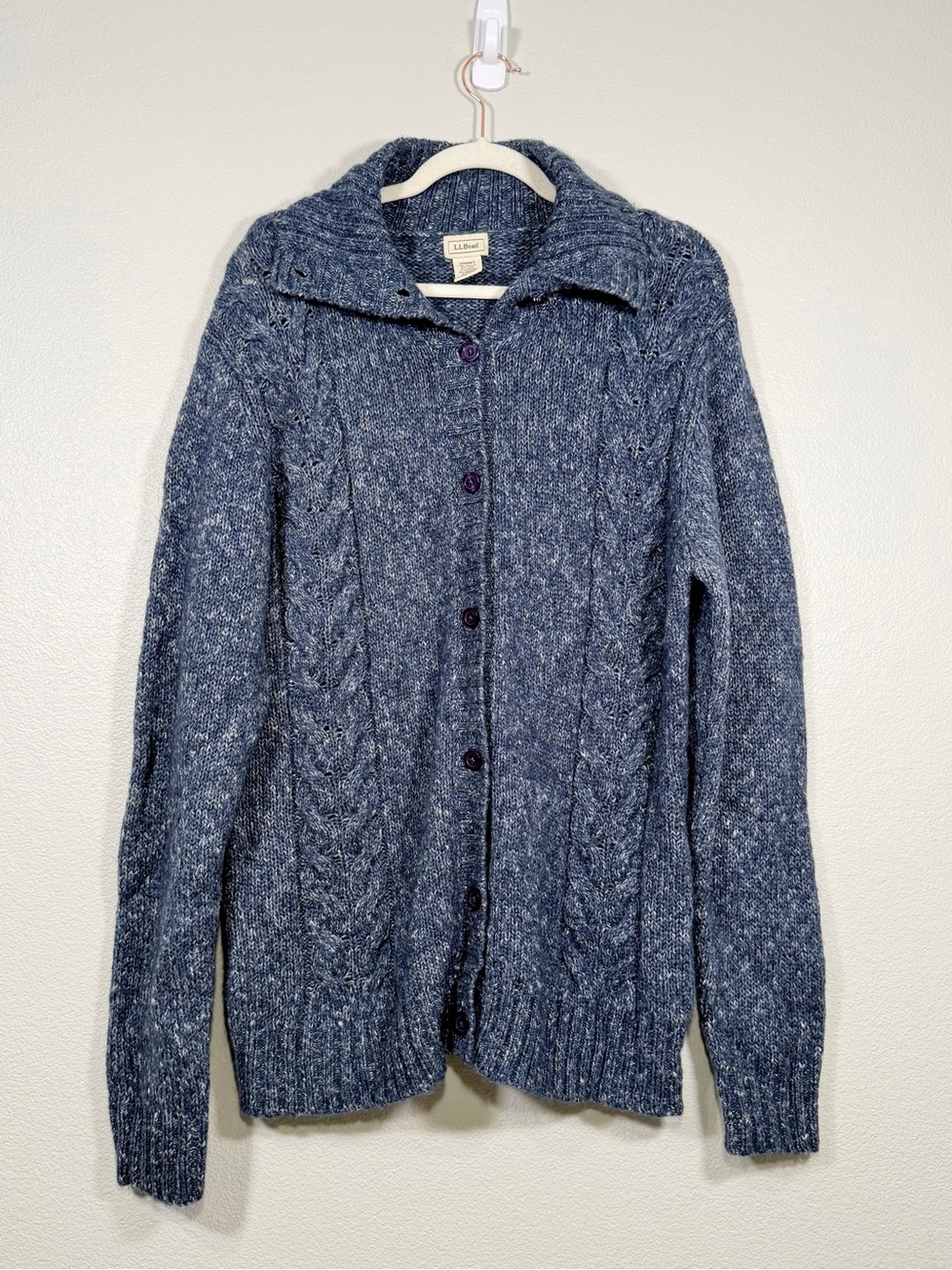 L.L. Bean Cardigan Cable Knit Button High Neck Wool Sweater Blue White Women XL